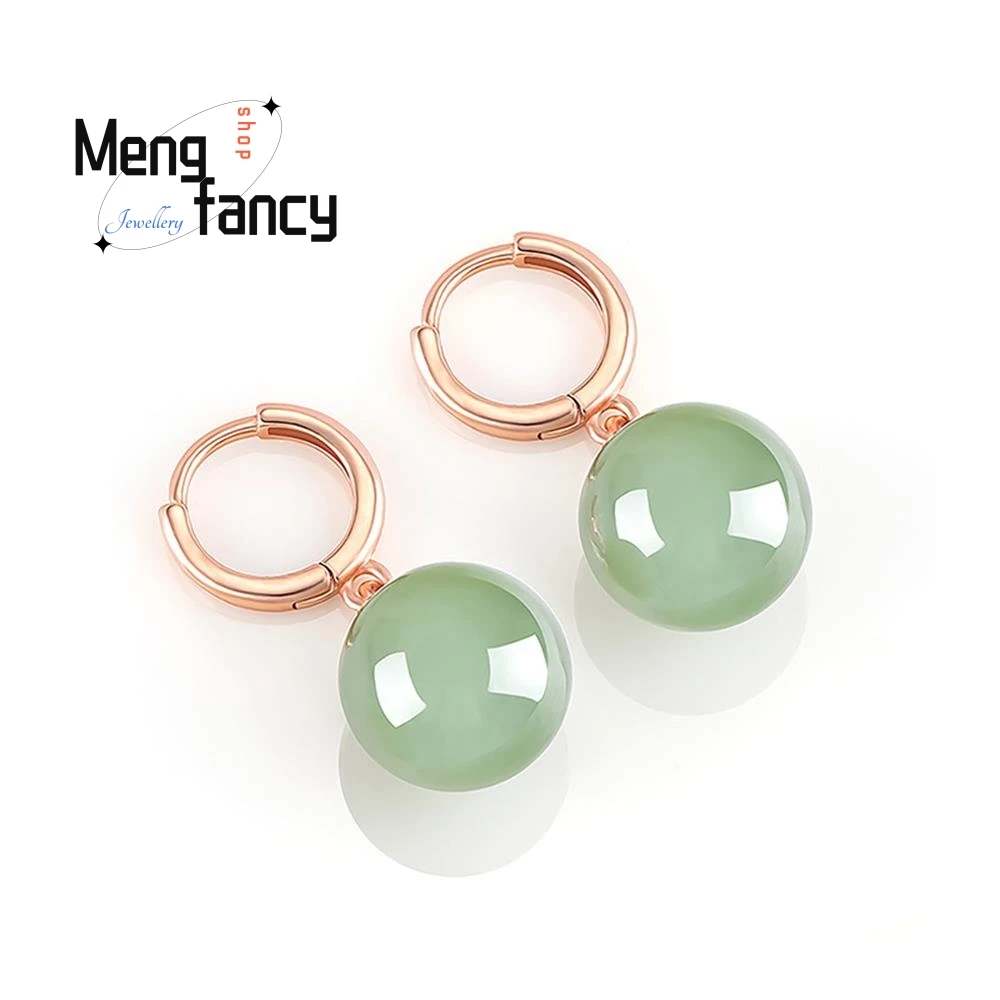 Genuine S925 Silver Inlaid Natural Hetian Jasper Round Beads Jade Earrings Fashion Luxury Jewelry Sexy Young Girls Holiday Gifts