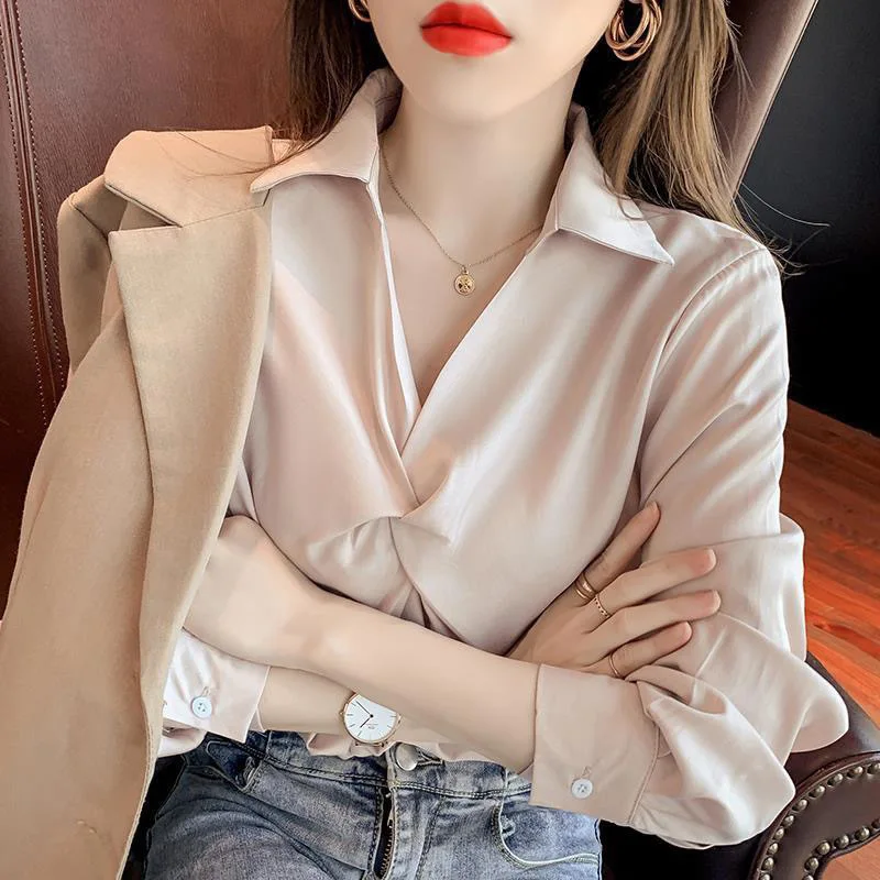 

Long Sleeve Shirts Womens Satin Ruffled Button Down Tops Lantern Sleeves Slim Fit Pleated Hem Feminine Retro French Autumn Looks