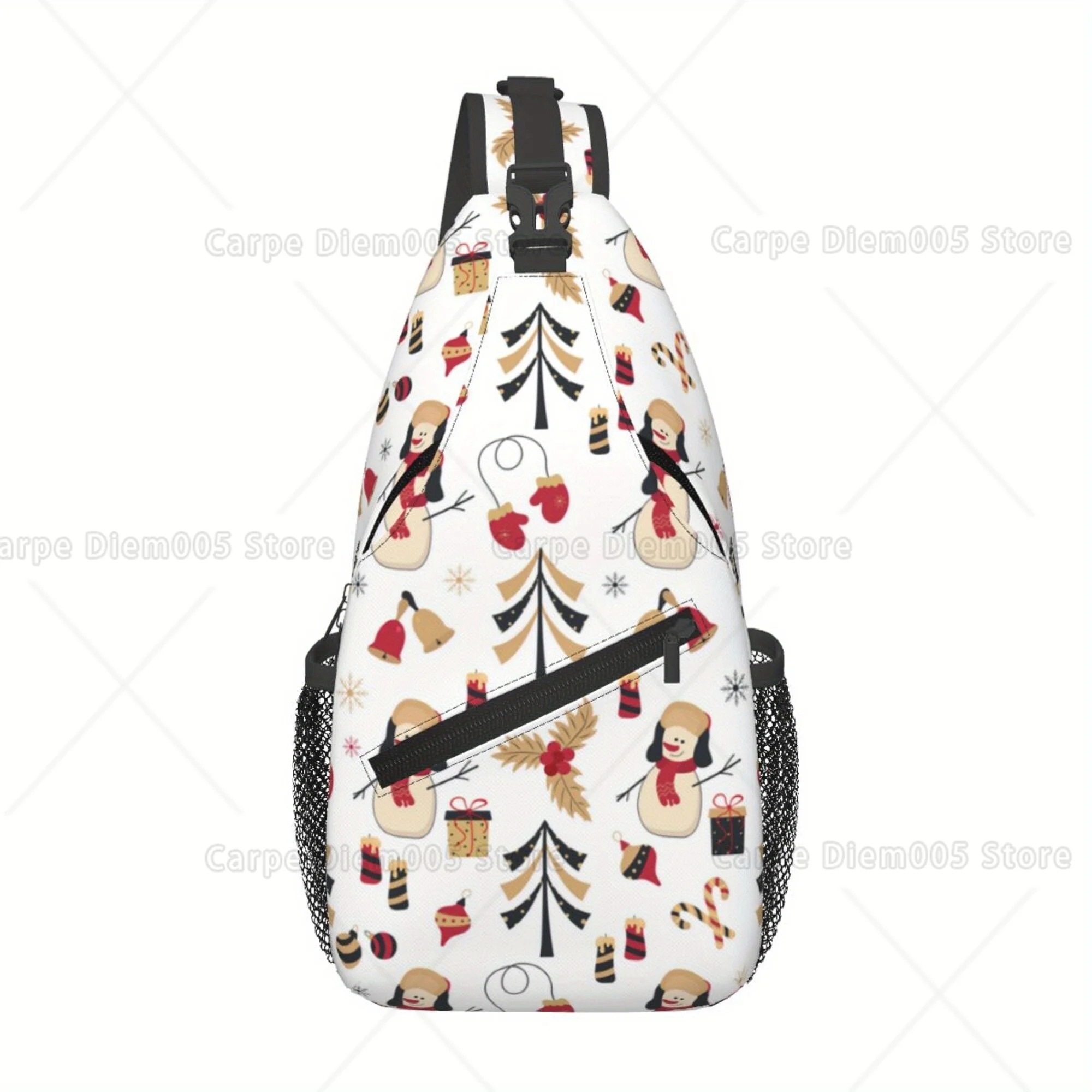 Men's Christmas Themed Sling Bag Durable Polyester Crossbody Chest Pack with Safety Zipper Festive Snowman Santa Hat Print