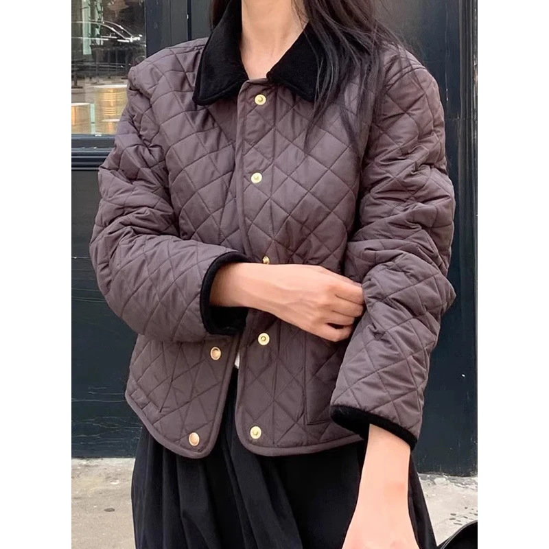 Korean Chic Retro Lapel Autumn Winter Button Parkas Contrast Color All-match Rhombus Long Sleeve Cotton-padded Jacket Short Coat