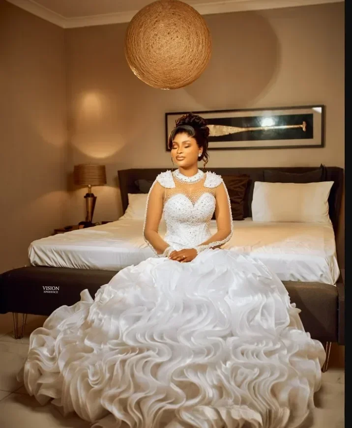 Customized High Neck Sparkly Pearls Crystals Mermaid Wedding Dress  Long Sleeves African Church Cascading RufflesBridal Gowns