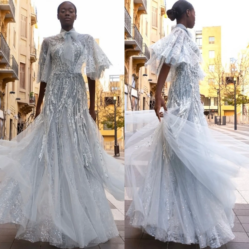 

Customized Exquisite Bow High Collar Evening Dress Simple Tulle Beading Prom Dresses Sparkly Sequined Special Occasion Gowns