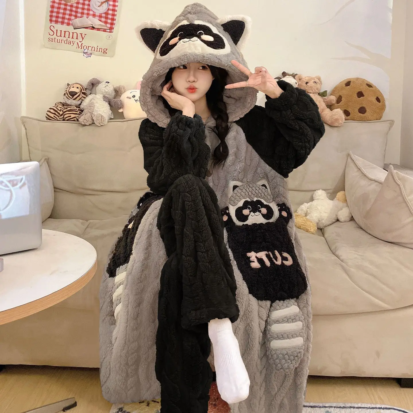 2pcs-autumn-winter-nightgown-women's-coral-fleece-bathrobe-thickened-cartoon-hooded-pajamas-set-loungewear