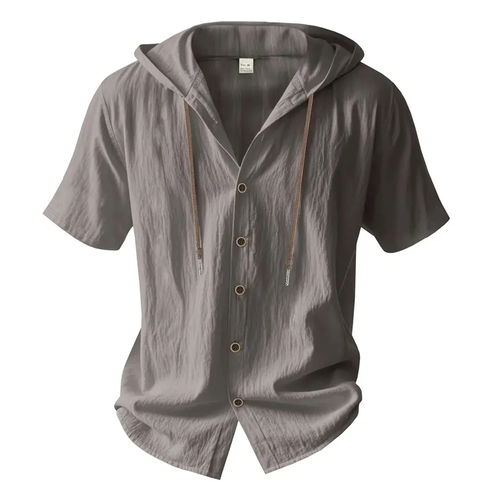 Camisa de linho de algodão com capuz masculino de verão cor sólida respirável leve manga curta com cordão design camisetas masculinas casuais