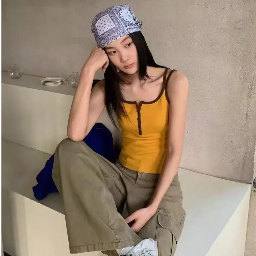 Summer Dopaamine Matching Color Block One-Piece Slimming Versatile Backless Tank Top Women's Fashion Combed Cotton Camisole