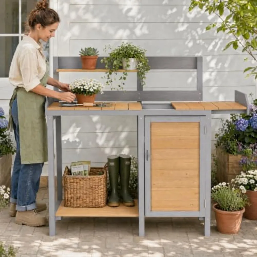 Wooden Potting Bench Table with Sink, Outdoor Garden Table Work Bench with Storage, Workstation for Outside Lawn Patio