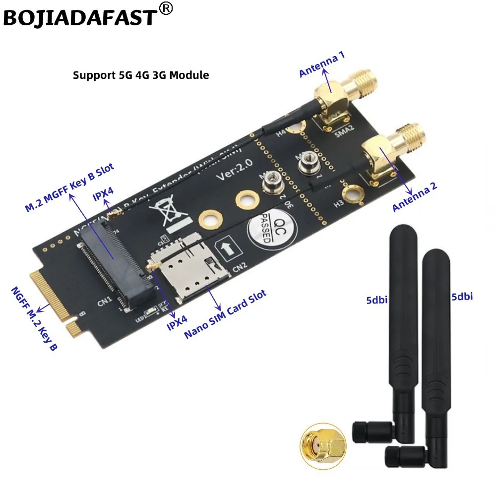 NGFF M.2 B-Key to Key-B Wireless Adapter 1 NANO SIM Card Slot With 2 Antennas For 5G 4G LTE WWAN Modem Module