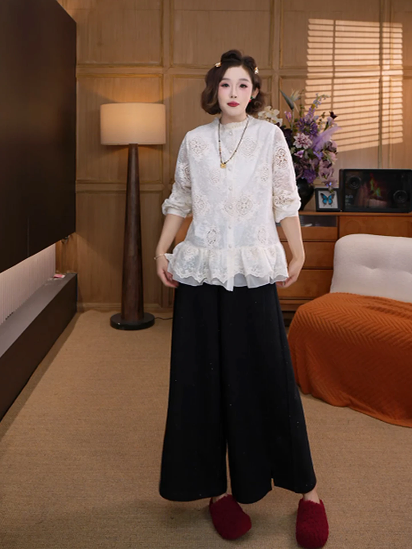 

New Chinese Sle Soluble Lace Hollow out Hem Le Base irt Women's Casual Loose Fit Long Sve Polyester Fiber