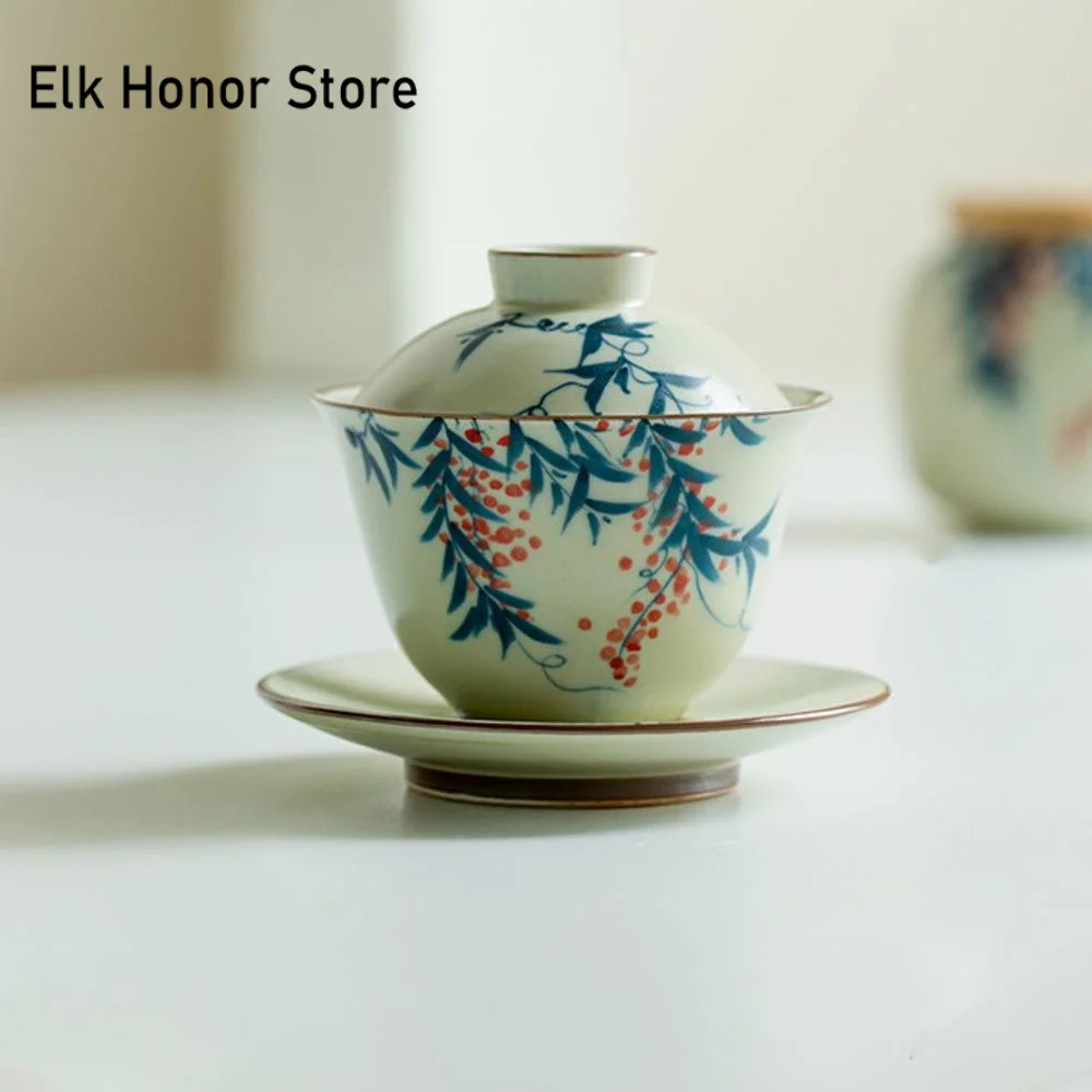 130ml Hand-paintd Wistria Flower Gaiwan Handmade Wheat-straw Yllow Ru Kiln Tea Tureen Tea Brewing Cover Bowl Tea Items Craft