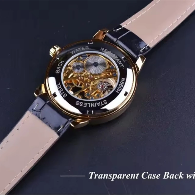 Hollow-Carved Leather Skeleton Mechanical Watch for Men, Luxury Brand