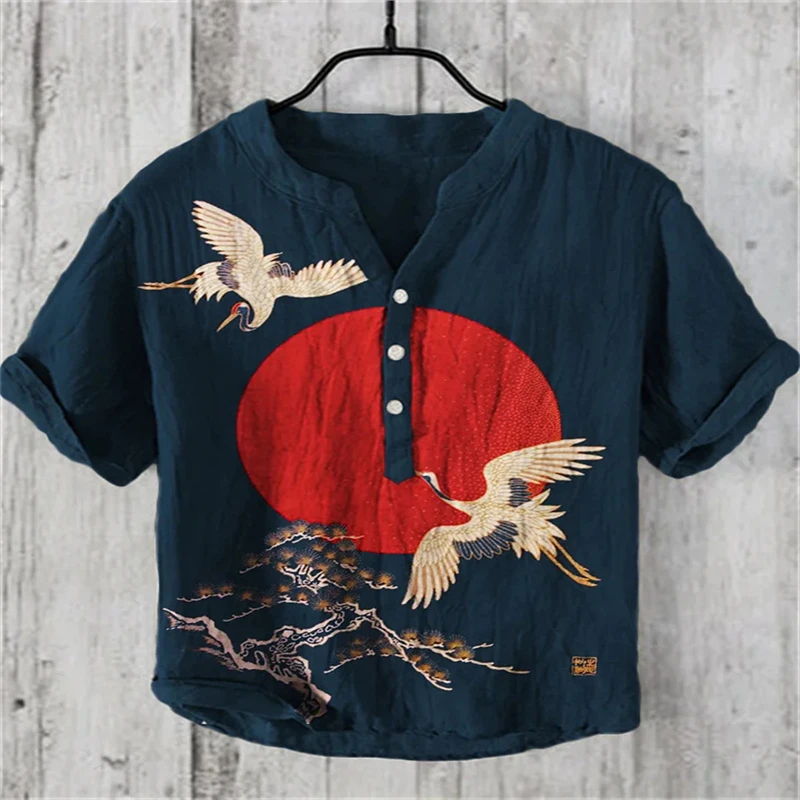 

Summer Fashion V-neck Henry Shirt - Men's 3D Printed Short Sleeve Loose Casual Clothing Top Pine Tree Sunrise Japanese Art Shirt