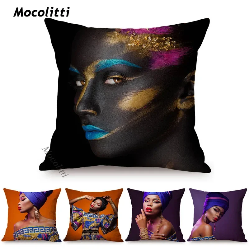 Fashion Africa Woman Portrait Photography Art Home Decoration Chair Cushion Cover Cotton Linen Sofa Throw Pillow Case cojines