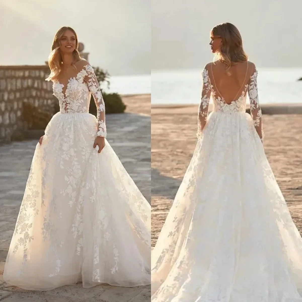 فستان زفاف نسائي أنيق على شكل حرف A لعام 2025 بأكمام طويلة من الدانتيل ملصق على شكل زهرة خلفية فستان زفاف على الشاطئ حسب الطلب