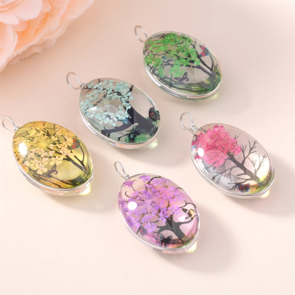 5Pcs Time Gemstone Starry Dried Flower Pendant Round Dried Flower Glass Pendant DIY Necklace Pendant Jewelry Accessories