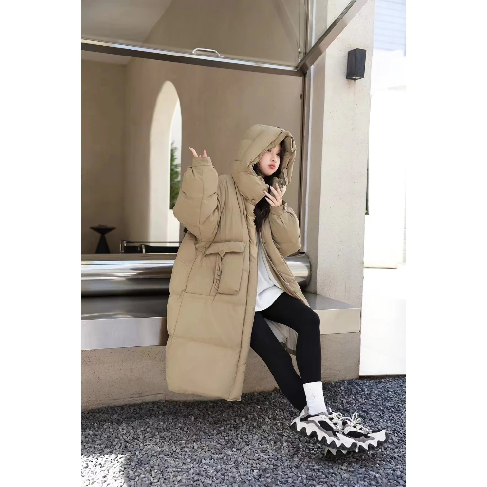 Long Hooded Duck Down Coat for Women, Thick Warm Parkas, European Style, High-end Fashion, White, New, Winter