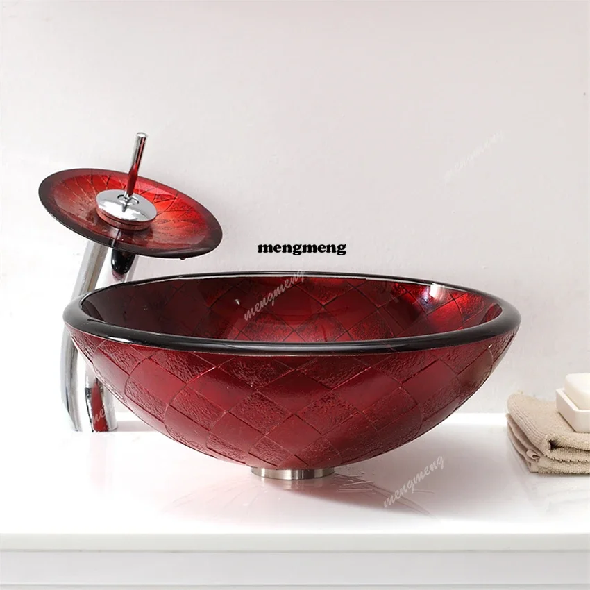 New arrive Red Personalized Tempered Glass Engraving Waterfall Spout Wash Basin hotel family bathroom dual-purpose wash basin