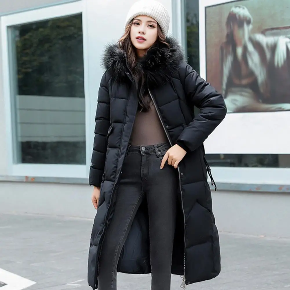 

Winter Women Jacket Furry Hood Long Sleeves Pockets Knee Length Zipper And Button Closure Cotton Coat Mid Length Windproof Coat