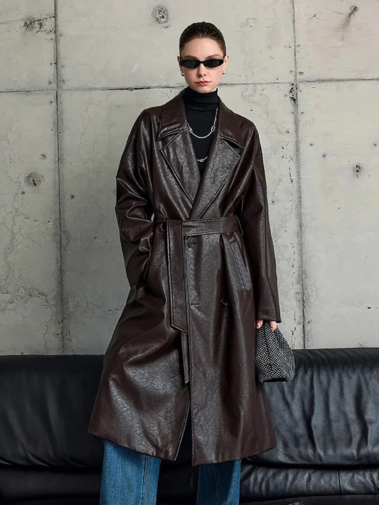

Light Luxury Vintage PU Leather Trench Coat Autumn New Long Sleeved Lapel Women Long Windbreaker High-end Lace-up Leather Jacket