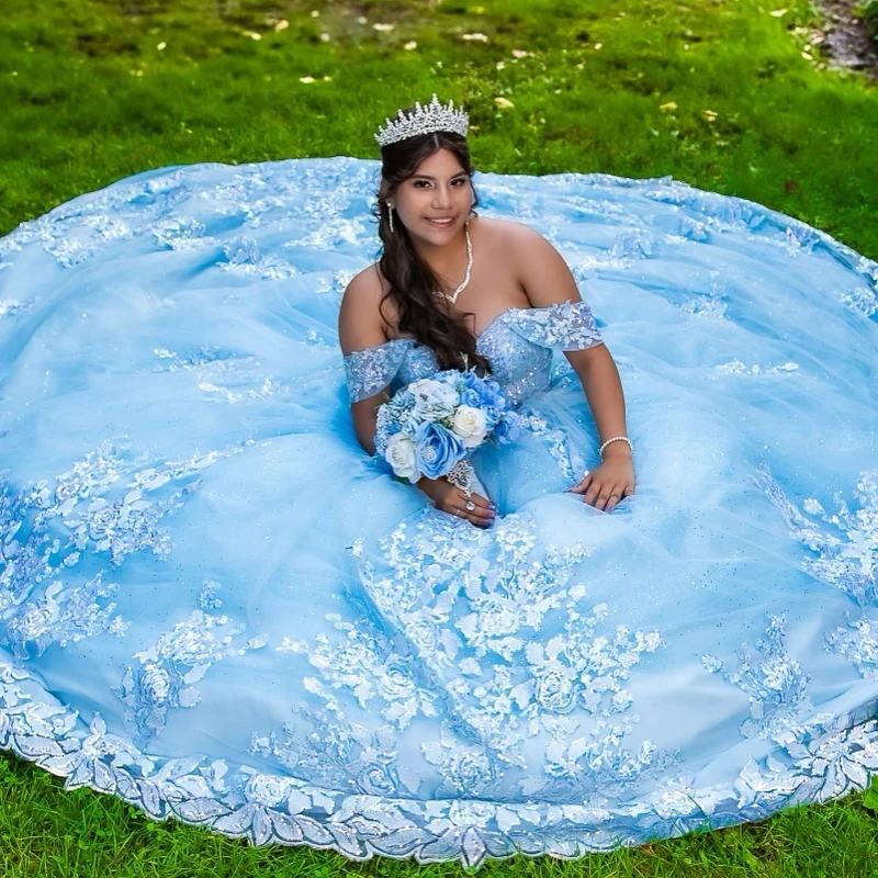 Sky Blue Quinceanera Dresses Ball Gown Off The Shoulder Applique Lace Beading Bow Tull Corset Sweet 16 Dress Vestido De 15 Anos