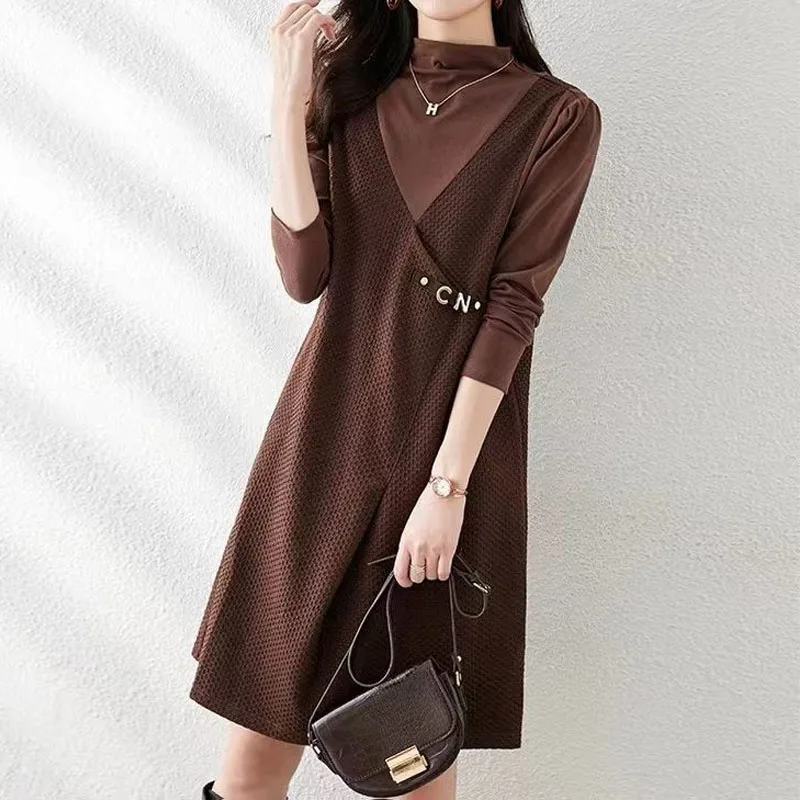 

Fake Two Pieces Fashion Spliced Solid Color Dresses Spring New Long Sleeve Casual Korean A-Line Half High Collar Dress for Women