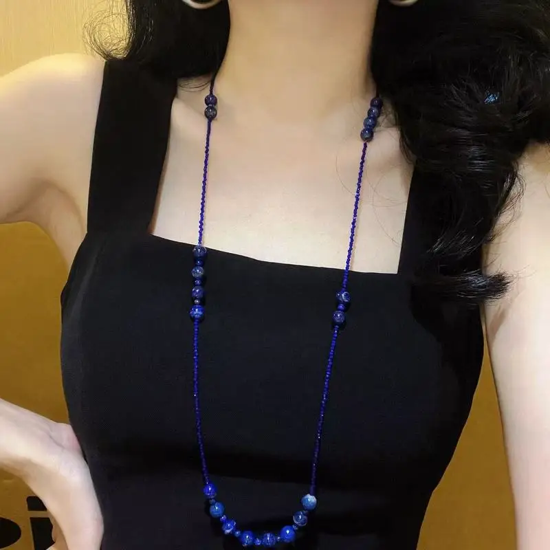 Natural lapis lazuli and sapphire long sweater necklace clavicle chain for women