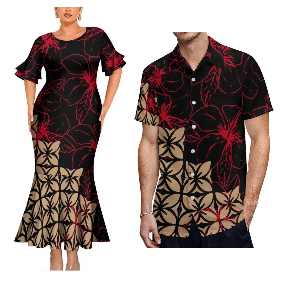 Vestido longo estampado tribal Samoa, Vestido sereia Fiji Tonga, camisa havaiana masculina, vestido de casal polinésio personalizado, verão