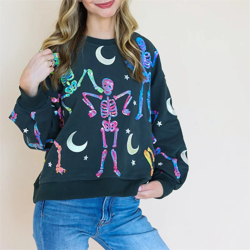 Womens Halloween Sequin Dancing Skeleton Graphic Sweatshirts Shirts Long Sleeve Sparkly Skull Ghost Pullover Oversized Sweaters