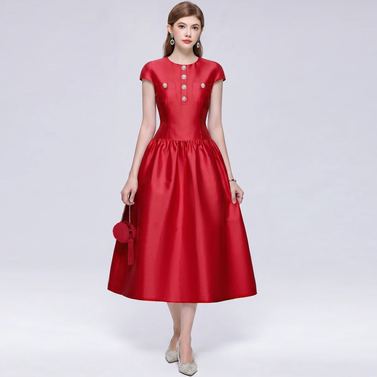 Women Elegant Satin Dress Short Sleeve Round Neck Gold Button High Waist A-Line Midi Skirt Vintage Party Wedding Guest Formal Ev
