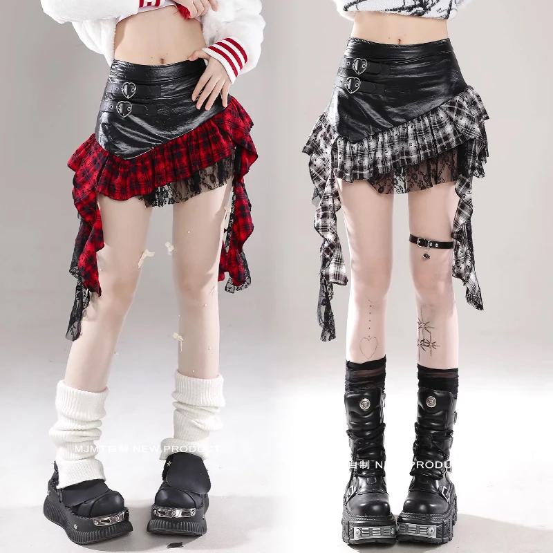 Irregular Retro PU Leather Splicing Short Skirt for Women Harajuku Gothic Style Y2K Lace Hem Mini Ruffled Skirt Autumn Street