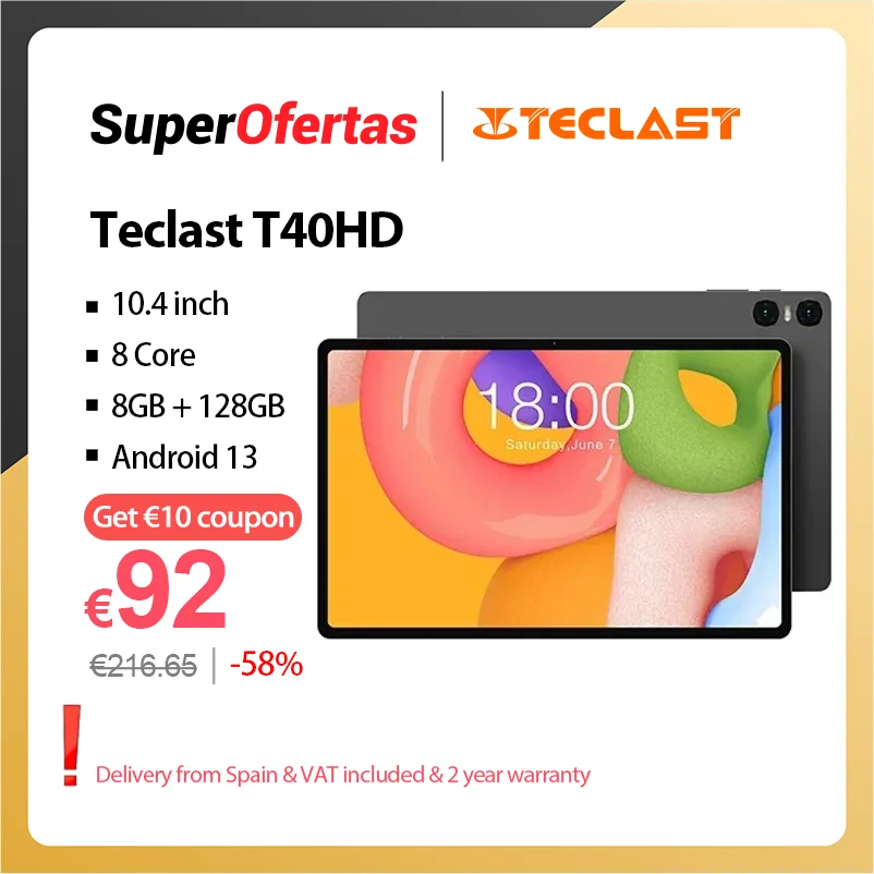 Teclast T40HD 10.4 Inch TDDI 8GB RAM 128GB ROM 2000x1200 UNISOC T606 Octa Core 4G Network WiFi Android 13 PC Android Tablet