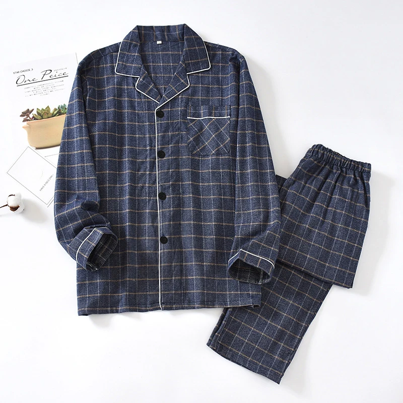 New spring and autumn men's plaid pajamas, cotton flannel home service large size long-sleeved trousers soft suit sleep wear men