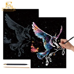 2PCS Scratch Paper Magic Painting Kit Art Animals Lion Unicorn Zebra Cat Dog Drawing Toys with Pen Crafts Card Game Adult Gifts