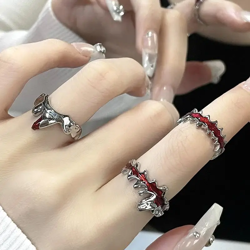 Gothic Punk Y2K Red Flame Ring Vintage Aesthetic Geometric Irregular Metal Gear Opening Rings for Women Men Jewelry Accessories