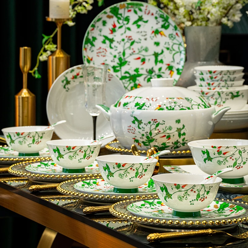 Chinese Style Luxury Plates Dinner Sets 70 Pcs For 8 People Fine Bone China Dinnerware Set Vajillas Completa Complete Tableware