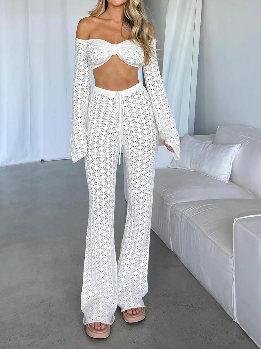 

Hollow Out Crochet Knit Pants Sets Women Casual Two-Piece Outfit See Through Long Sleeve Crop Tops+High Waist Long Pants