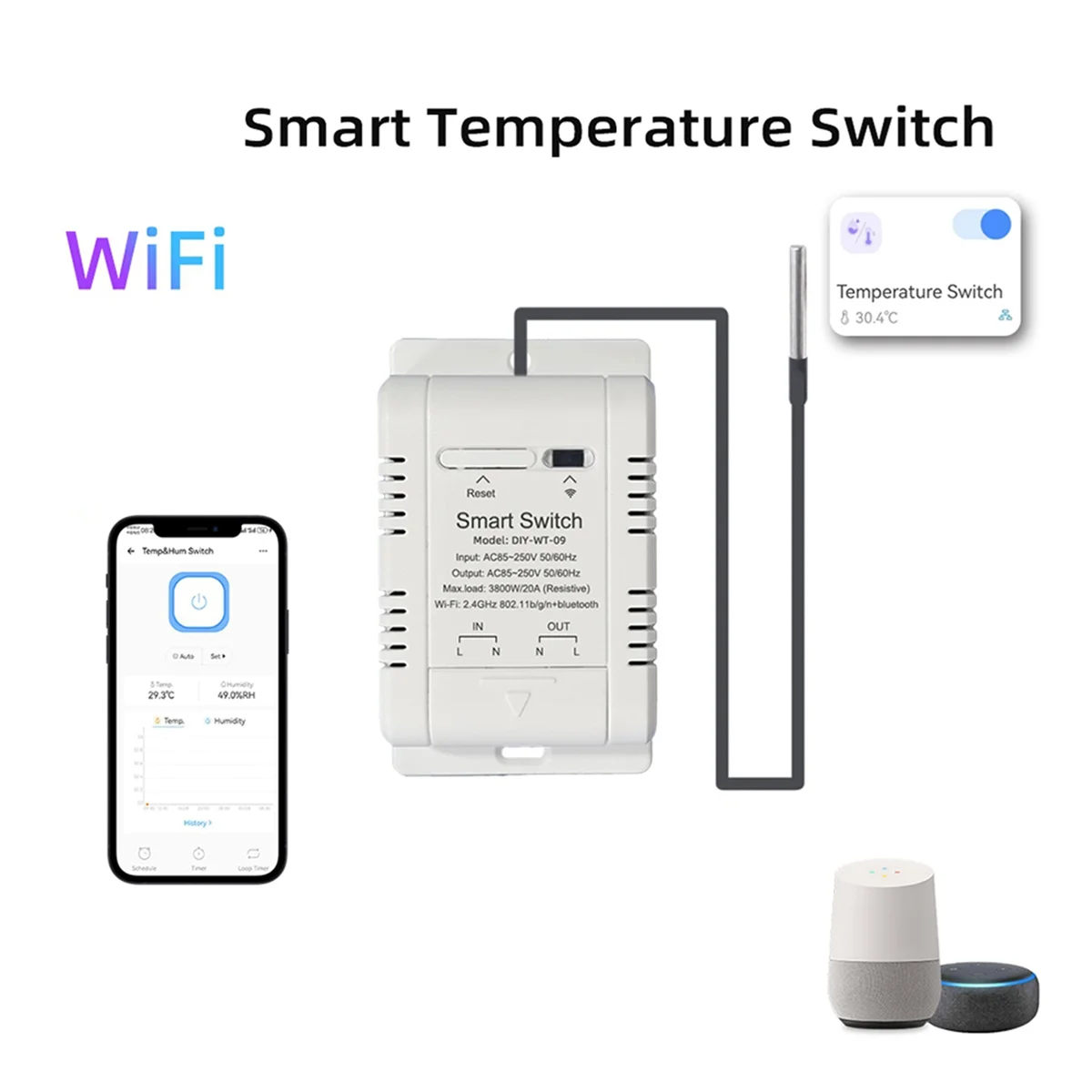 ABMF-3X Wi-Fi переключатель температуры с датчиком 1 м Ewelink Smart Wi-Fi 20A термостат переключатель температуры поддерживает голосовое управление