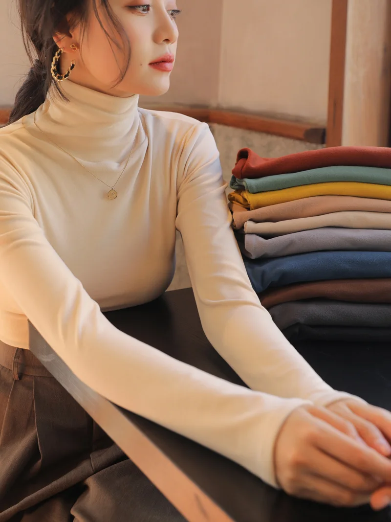 Women Thermal Underwear Winter Turtleneck Bottom Shirt Solid Semi High Collar Long Sleeve Basic T-Shirt Heating Fiber Pullovers