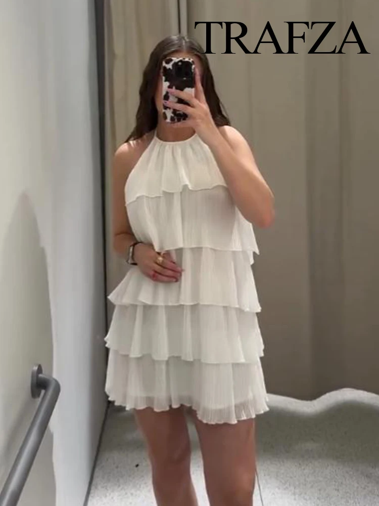 

TRAFZA Women Summer White Sweet Laminated Decorative Halter Neck Collar Dress Female Classy Sexy Backless Mini Sleeveless Dress