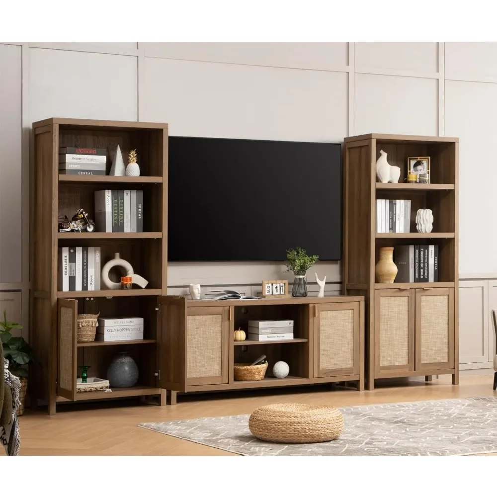 Porta TV per soggiorno: mobile consolle TV in Rattan con contenitore e ripiano, centro di intrattenimento Boho, Console multimediale da 59 "per 55