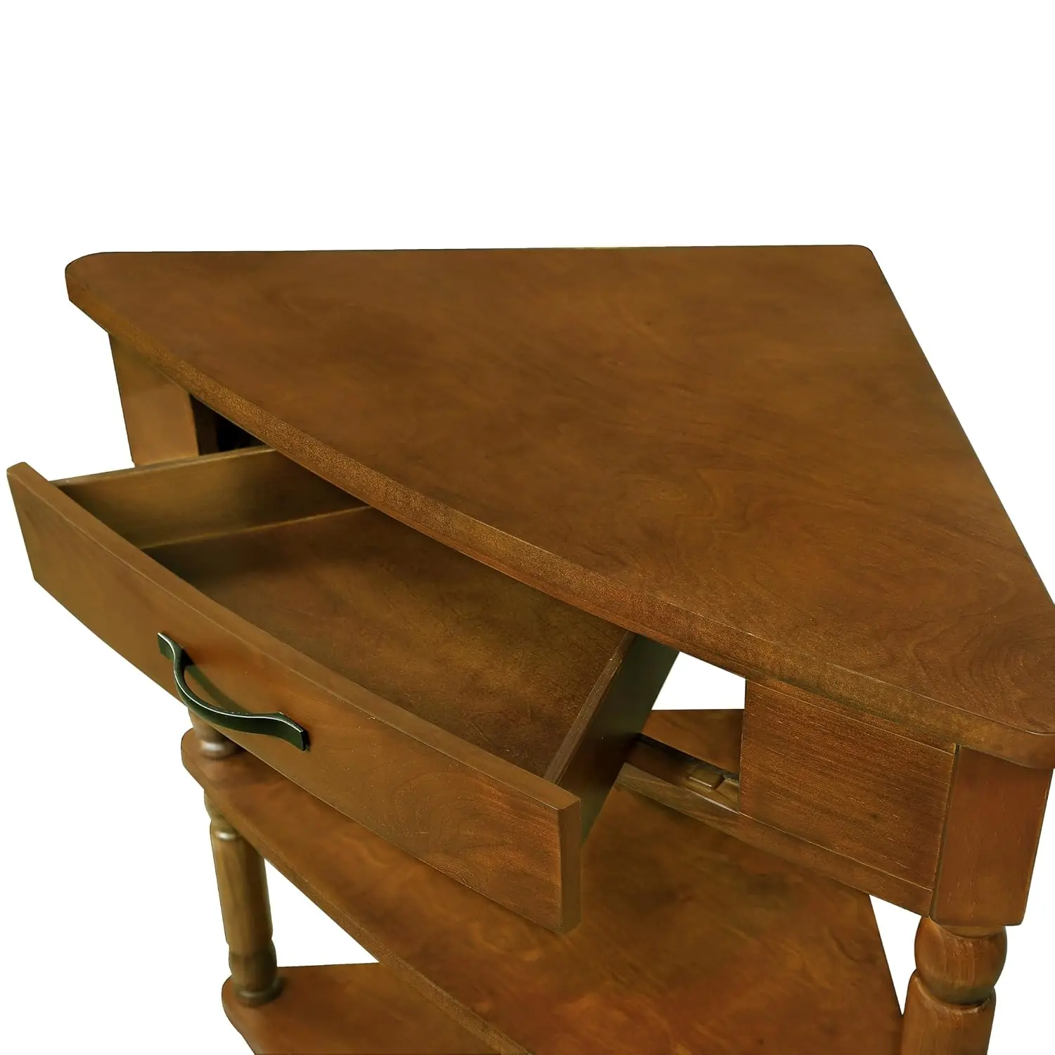 33.8'' Triangle Corner Table 3 Tier Open Shelf Solid Wood Legs Storage Drawer Bedroom Living Room Small Spaces, Customized