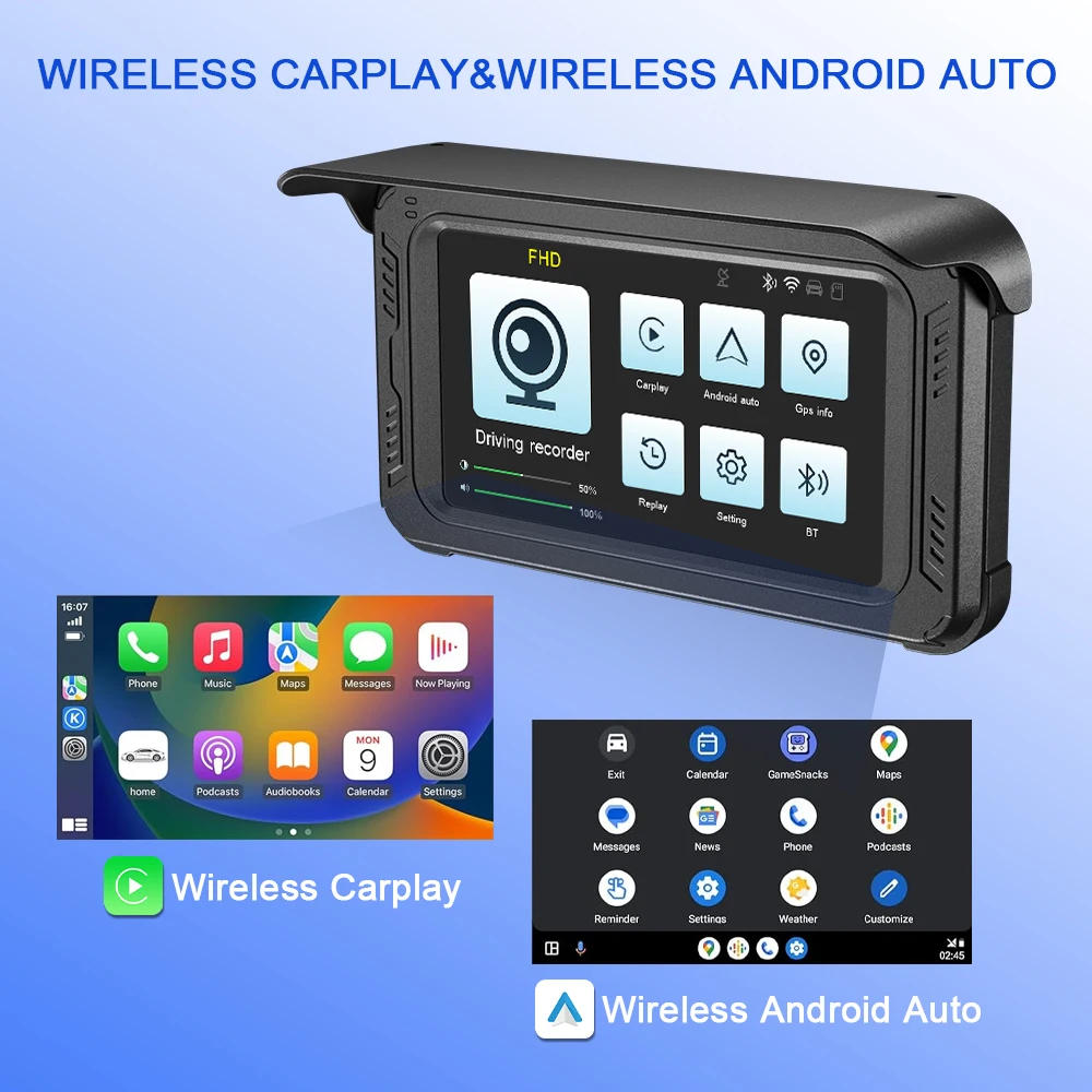 5 "Motor Nirkabel CarPlay Android Auto Head Unit IP67 Tahan Air 2K Kamera Ganda Navigasi GPS Monitor Parkir CS69B