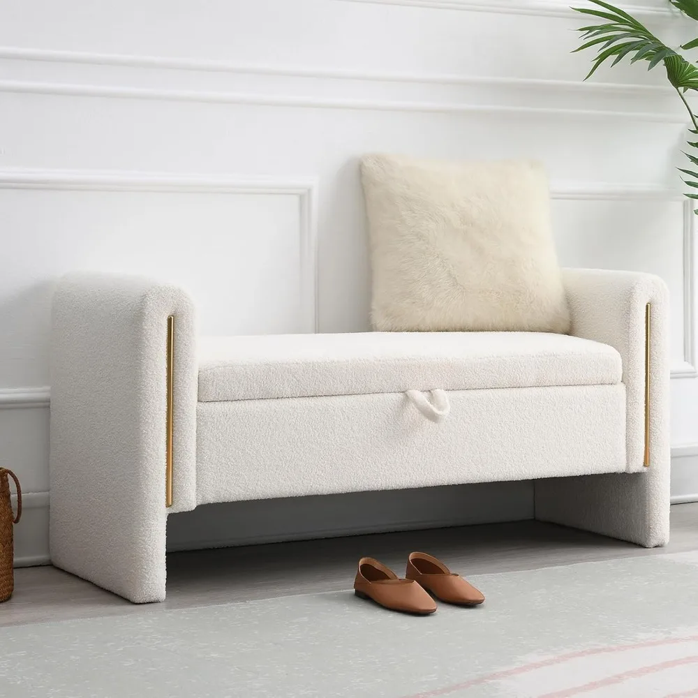 

52 Storage Ottoman Bench, Teddy Upholstered Storage Bench with Armrest, Entryway Bench with Pull-Ring, End of Bed Bench