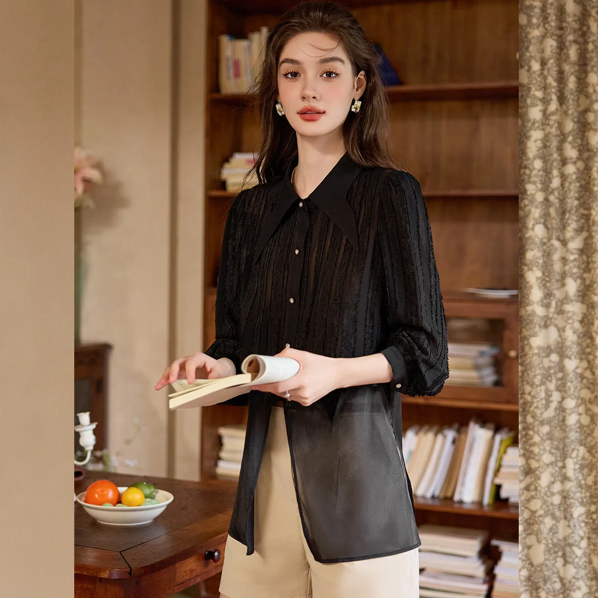 LOUIS YAO New Hem Side Slit Design Women's Shirt 2025 Autumn Single-breasted Long Sleeved Tees Elegant Women Tops