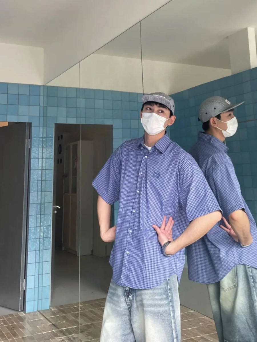 Été nouveau américain rétro bleu Plaid ort Sve irt ample décontracté polyvalent brodé hommes femmes irt Jaet