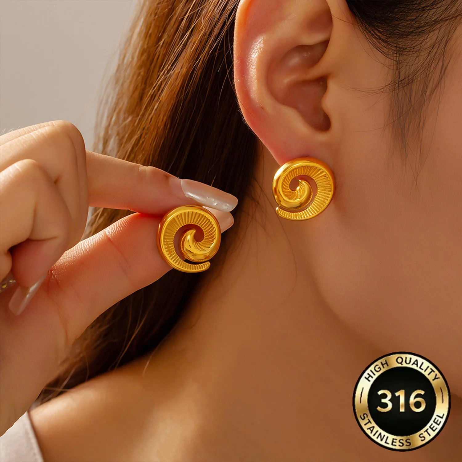 316L Stainless Steel Horn Spiral Vortex Exaggerated Stud Earrings Retro 18K Gold Plated Earrings for Women Daily Accessories