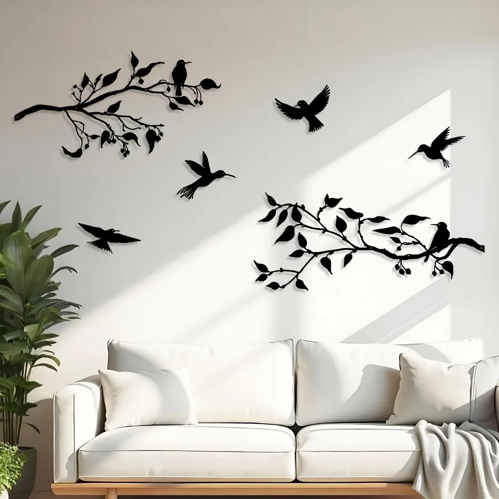 CIFBUY 6PCS Metal Bird Wall Decor Iron Silhouette Art on Branch Black Leaves Hanging Sculpture for Home Office Balcony Garden