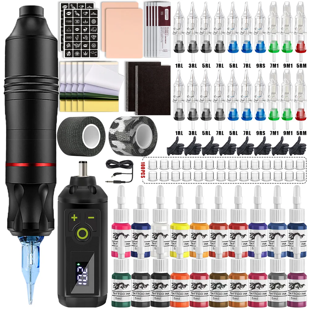 

Tattoo Pen Machine Kit with Wireless Tattoo Power Supply Cartridge Tattoo Pen for Beginner and Artist Permanent Makeup Body Arts