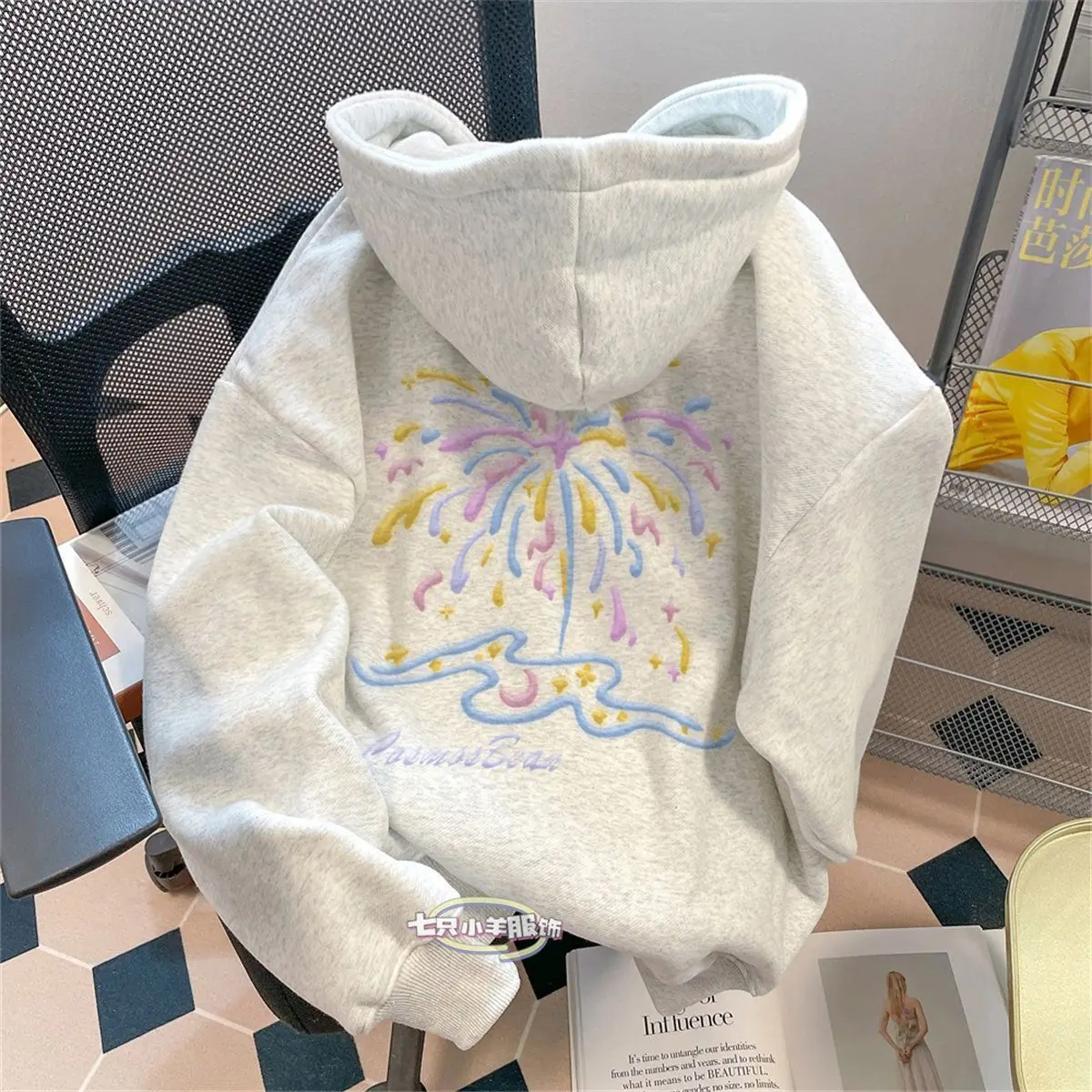 Fireworks print hooded pocket sweatshirt for men and women loose Korean style ins autumn  winter velvet thickened tops couples