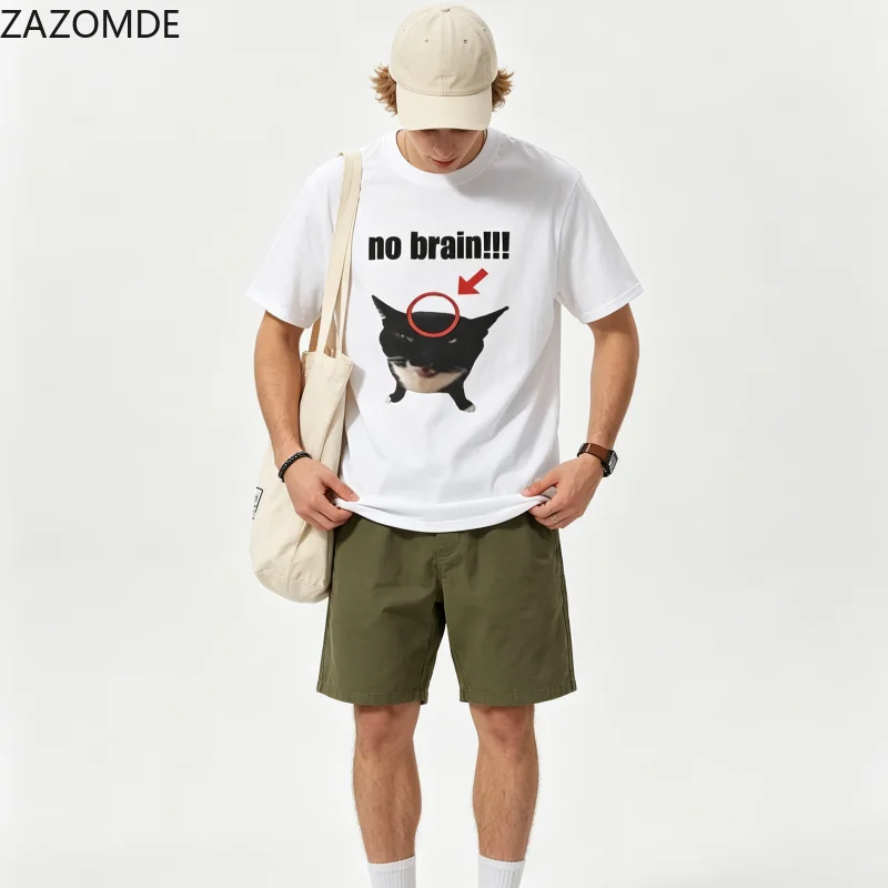 ZAZOMDE Y2K Aesthetic Cat Meme Printed T Shirts Retro Harajuku Streetwear Unisex Loose Short Sleeve Daily Casual Cotton Tops