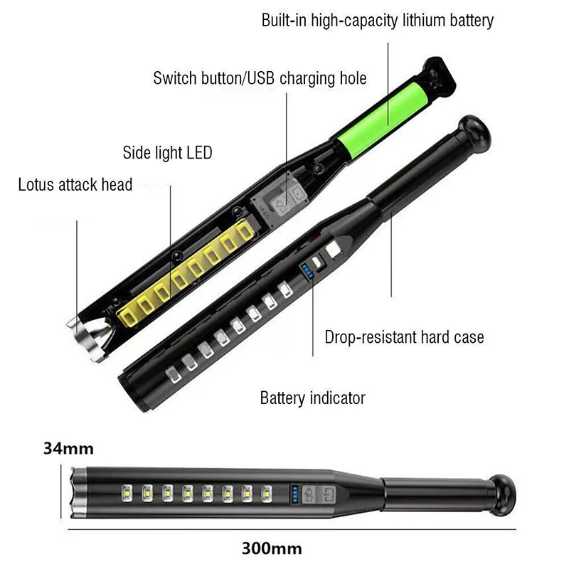High Power Baseball Bat Flashlight ABS Usb Rechargeable LED Flashlight Self Defense Mace Light Tactical Baton Emergency Torch